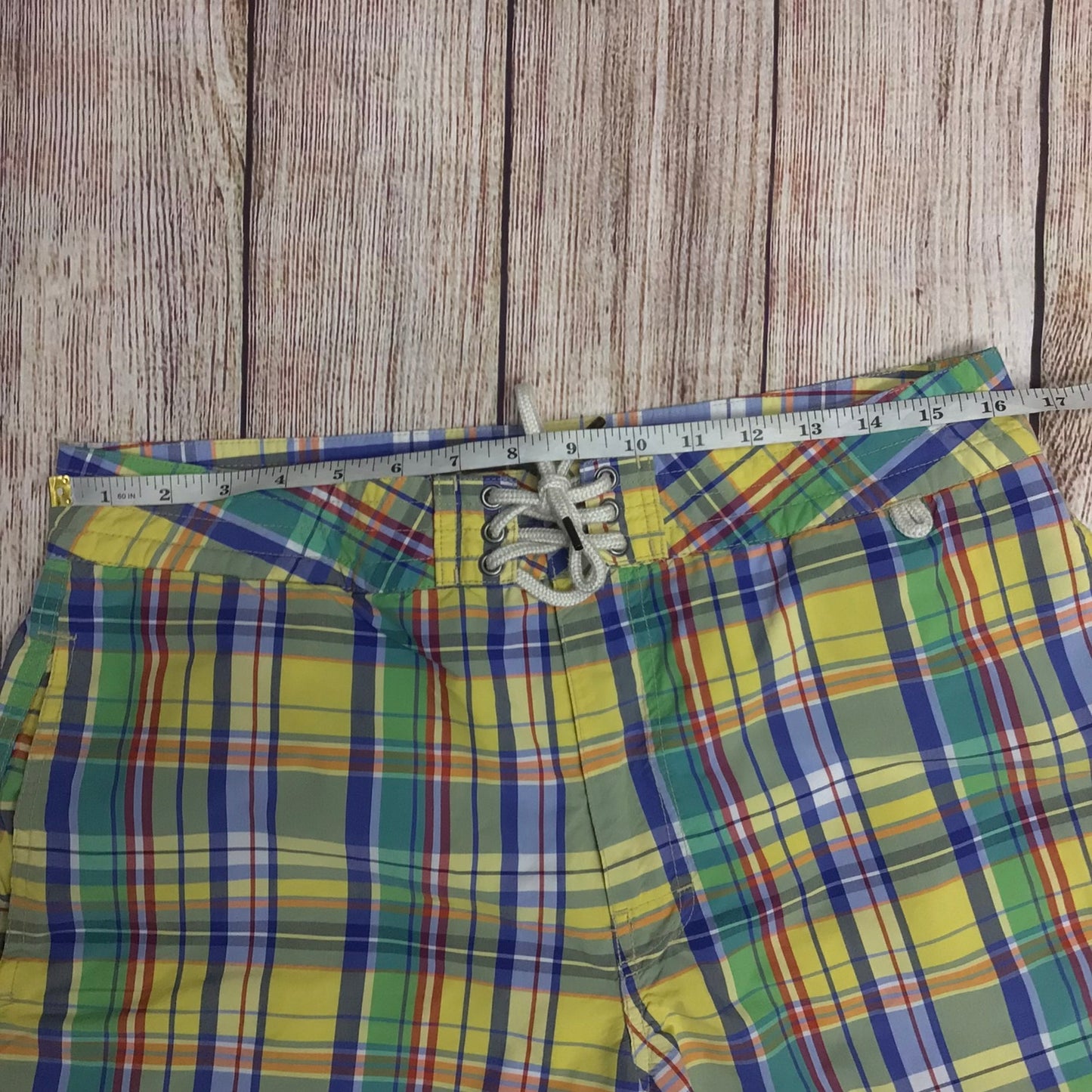 Polo Ralph Lauren Yellow & Green Checked Pattern Swimming Trunks Shorts Size 32