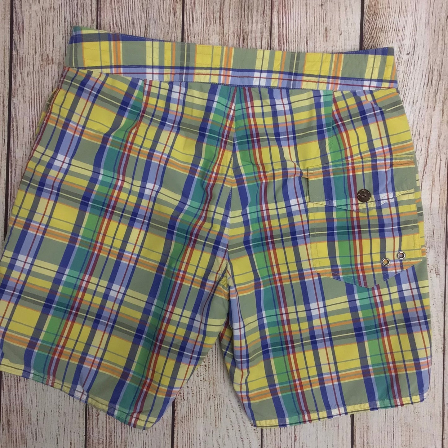 Polo Ralph Lauren Yellow & Green Checked Pattern Swimming Trunks Shorts Size 32