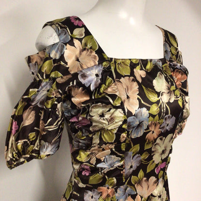 Vintage Brown, Green, Blue, Pink Multi Floral Cold Shoulder Long Dress Size Ch32" (approx.)