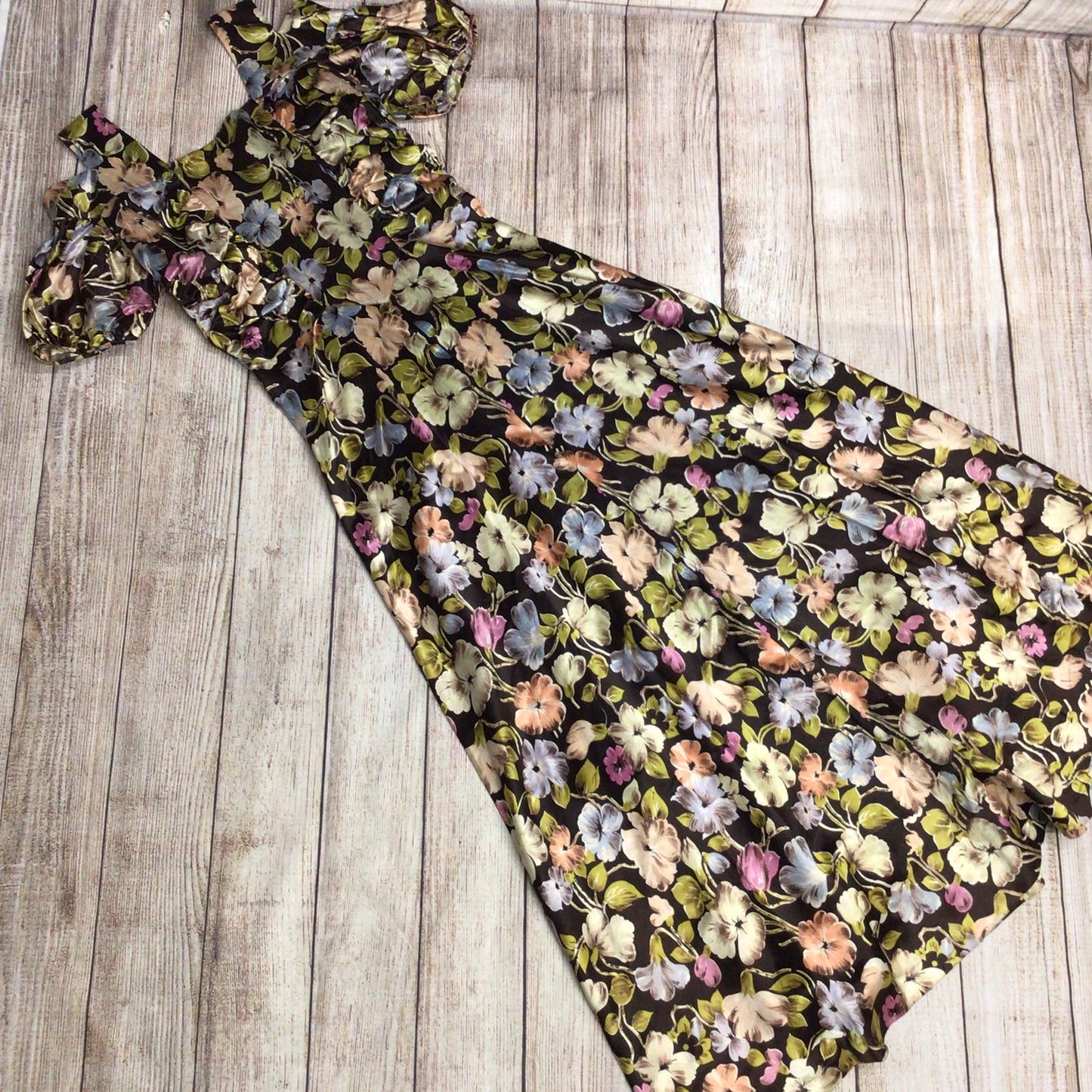 Vintage Brown, Green, Blue, Pink Multi Floral Cold Shoulder Long Dress Size Ch32" (approx.)