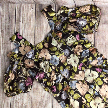 Vintage Brown, Green, Blue, Pink Multi Floral Cold Shoulder Long Dress Size Ch32" (approx.)