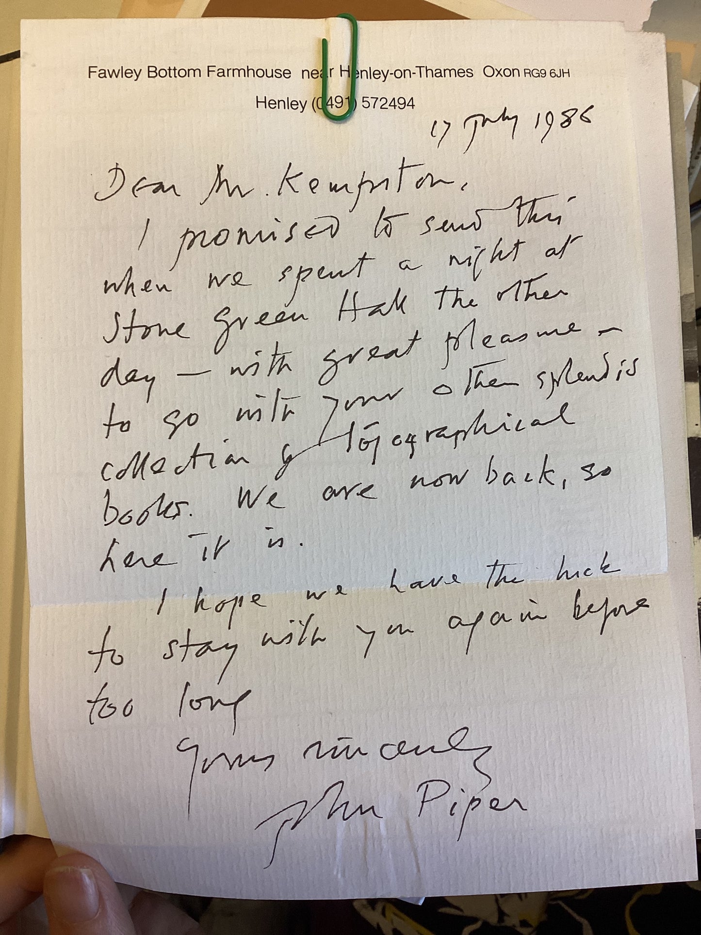 Letter From Artist John Piper with book Romney Marsh