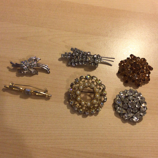 Vintage Rhinestone Mix Brooch x6 Job Lot (no stamps)