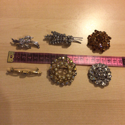 Vintage Rhinestone Mix Brooch x6 Job Lot (no stamps)