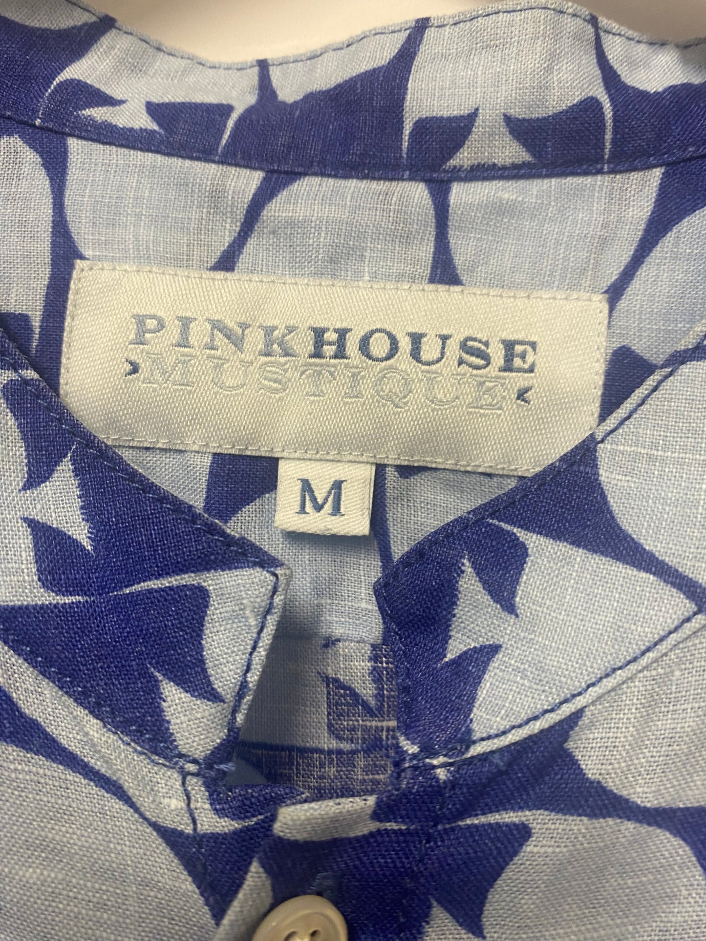 Pink House Mustique Blue Linen Fish Pattern Shirt Medium