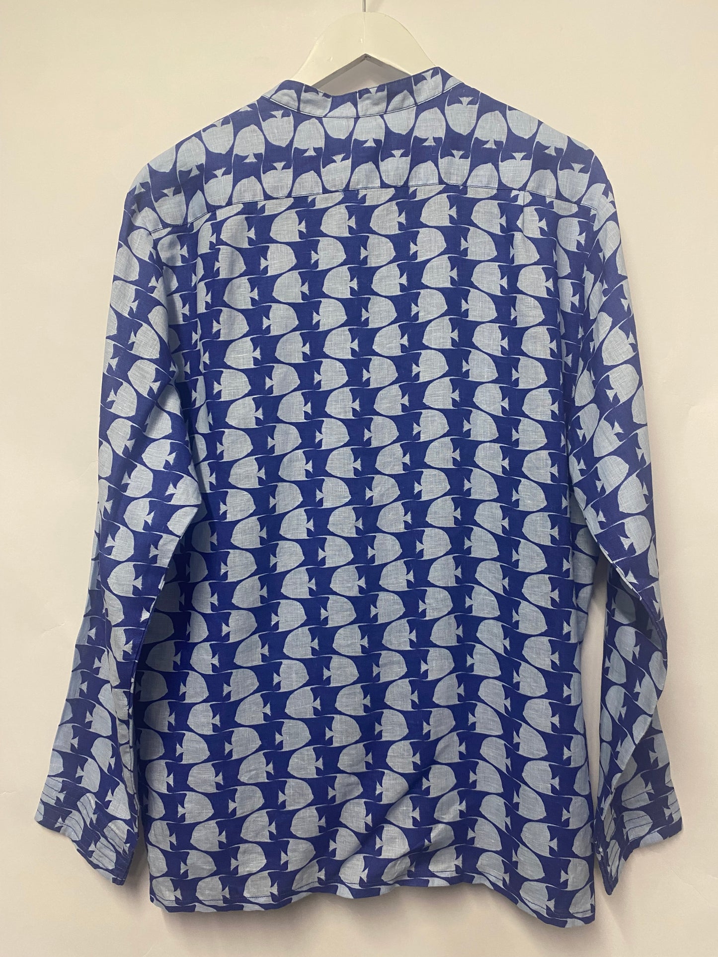 Pink House Mustique Blue Linen Fish Pattern Shirt Medium