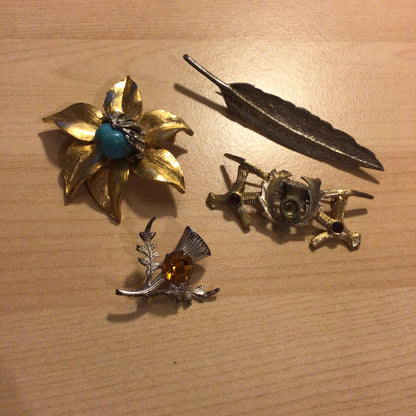 Vintage Brooch x4 Job Lot; Thistle, Turquoise Flower, Leaf