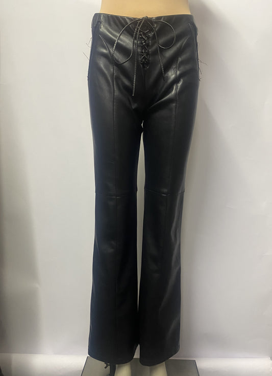Urban Outfitters Black Faux Leather Kick Flare Tie Waist Trousers Small