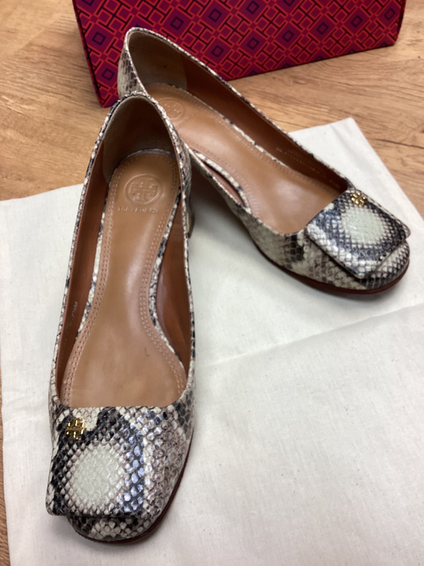 Tory Burch Brown Snake Print Chunky Heels Shoes Size UK 7.5