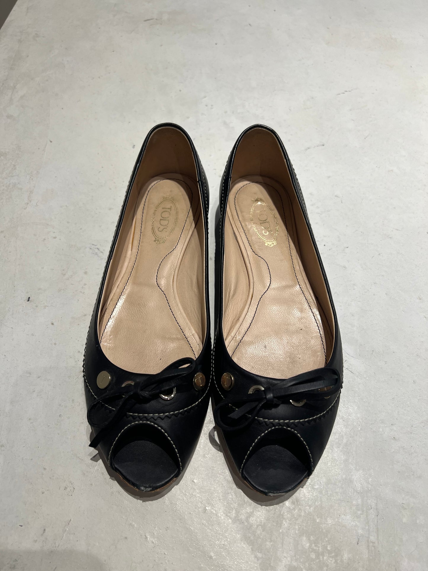 TOD'S Black Peep-Toe Flats Size 4