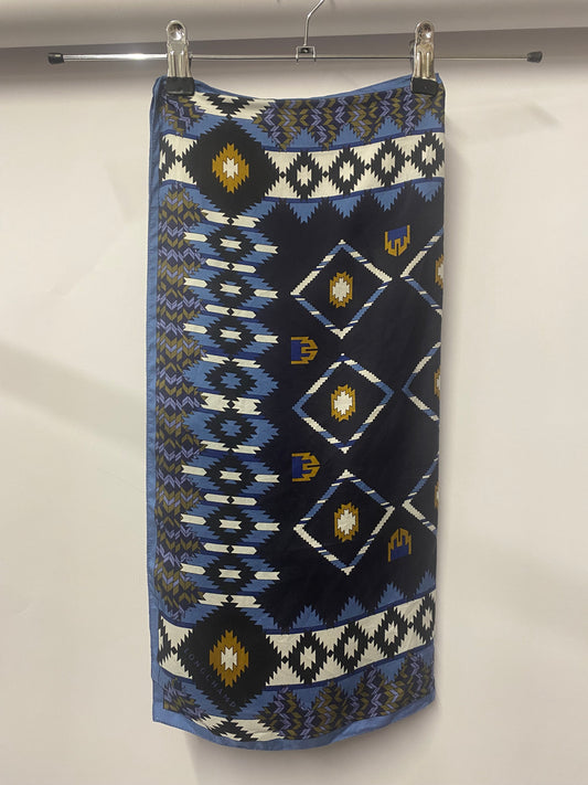 Longchamp Blue Aztec Print Silk Scarf Neckerchief
