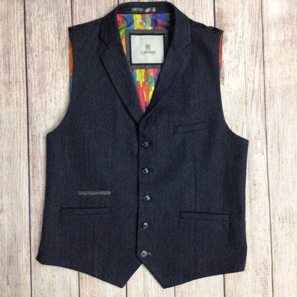 House of Cavani Blue Herringbone Waistcoat w/Multicolour Detailing Size 42R UK