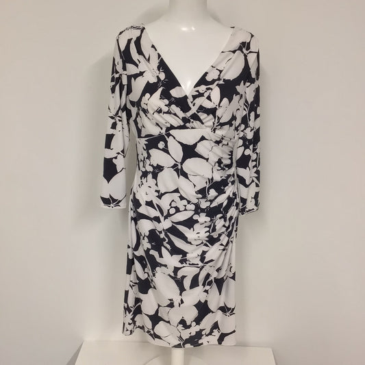 Ralph Lauren Black & White Floral V Neck Dress Size 12