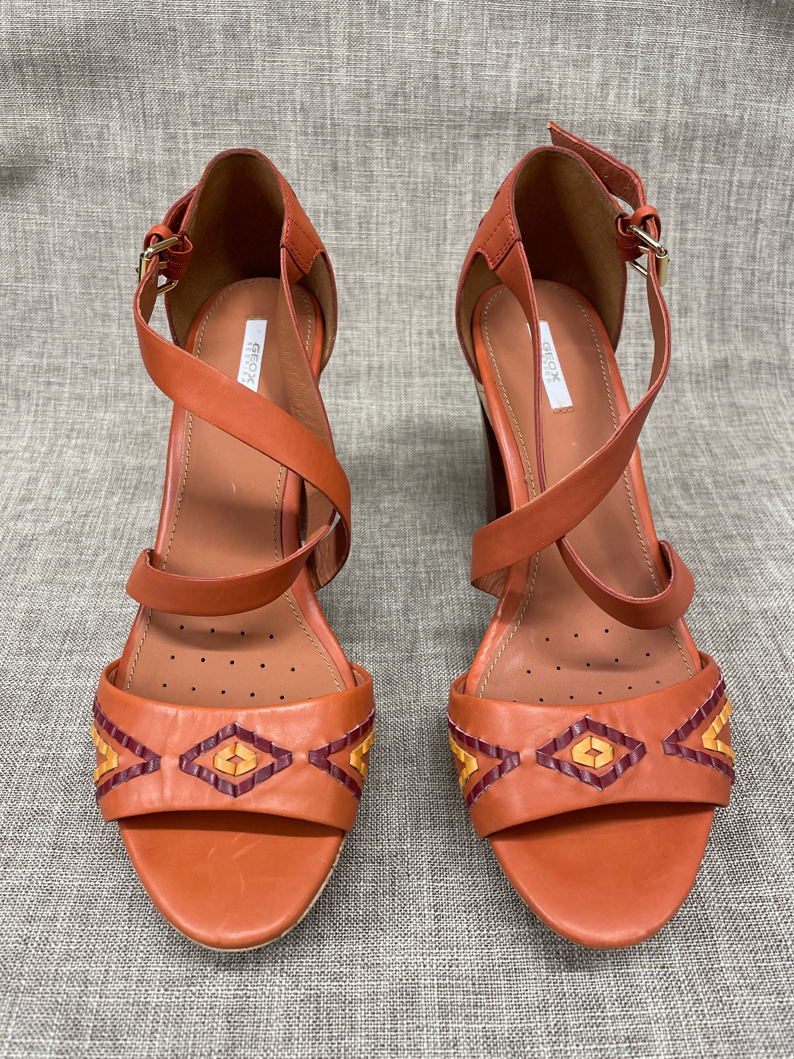 New Geox Respira Burnt Orange Leather Heeled Platform Sandals EU 39 UK Shop for Shelter