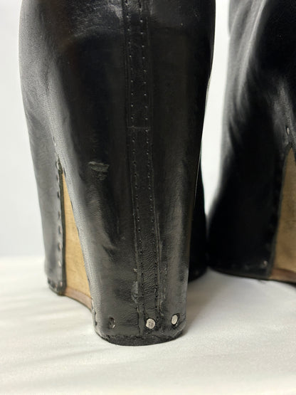 Maison Martin Margiela Black Leather and wood Wedge Heel Boots 4.5