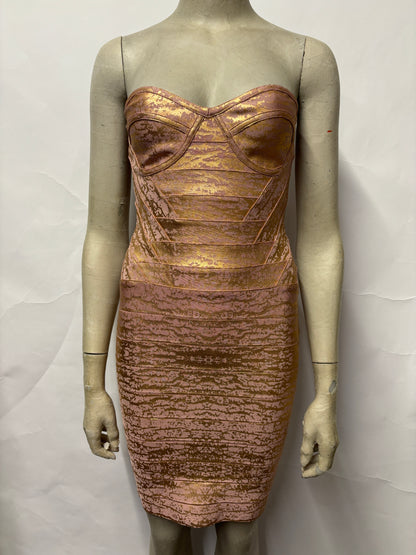 House Of CB Pink and Gold Body Con Strapless Bandage Dress Small