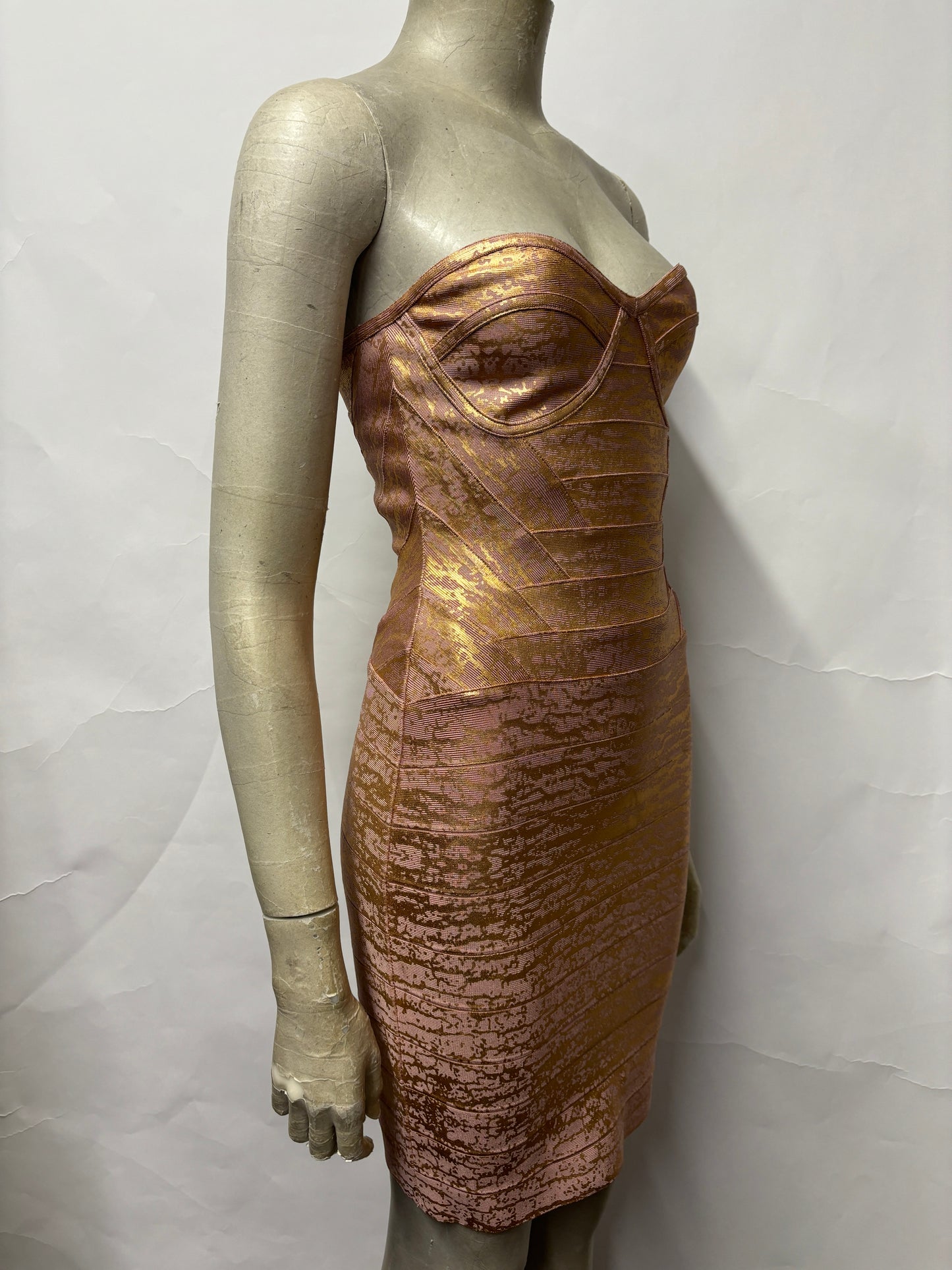 House Of CB Pink and Gold Body Con Strapless Bandage Dress Small