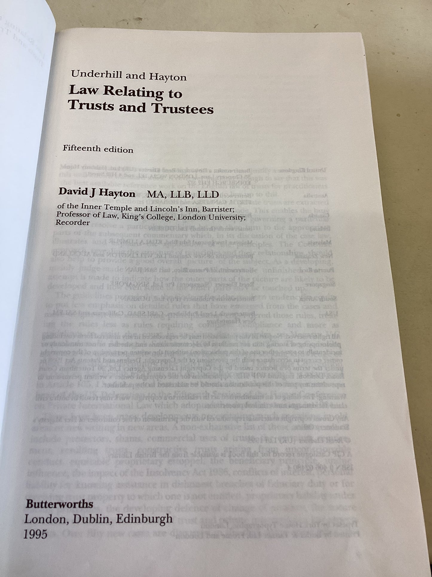 Underhill and Hayton Law of Trusts and Trustees Fifteenth Edition David J Hayton
