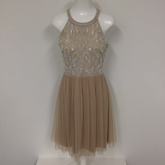 Tintoretto Beige Skater Dress w/Beaded Detailing Size 14 (size 42 on label)