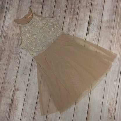 Tintoretto Beige Skater Dress w/Beaded Detailing Size 14 (size 42 on label)
