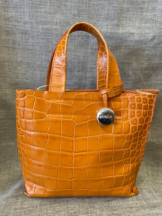 Furla Orange Tan Mock Crocodile Skin Embossed Handbag Bag
