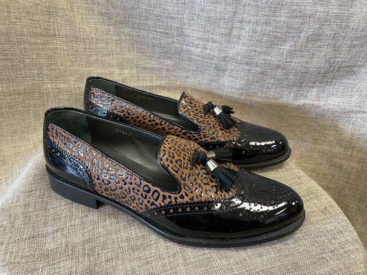 New HB Espana Black Patent Brown Animal Print Leather Loafers Shoes UK 6