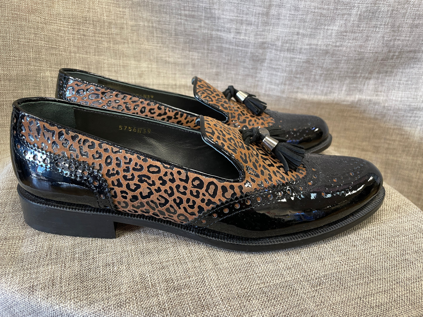 New HB Espana Black Patent Brown Animal Print Leather Loafers Shoes UK 6