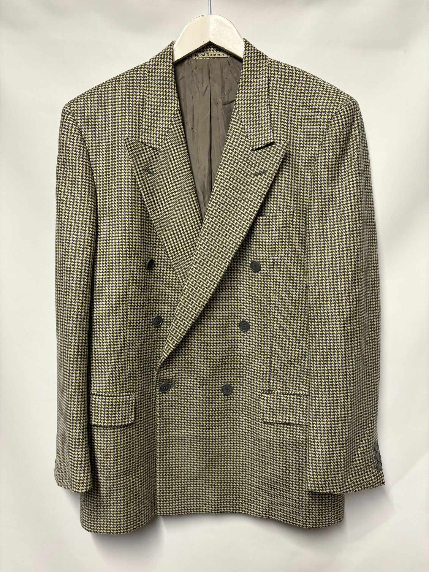 Louis Feraud Grey and White Double Breasted Houndstooth Wool Jacket 41R