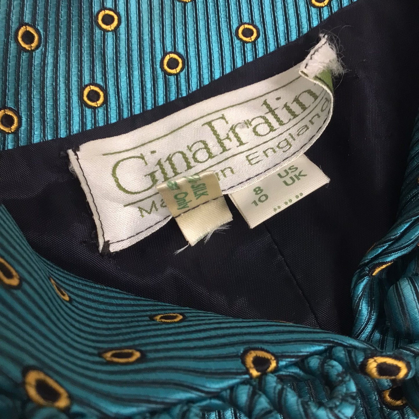 Vintage Gina Fratini Teal Blue Spotted Buttoned Jacket w/Pockets 100% Silk Size 10