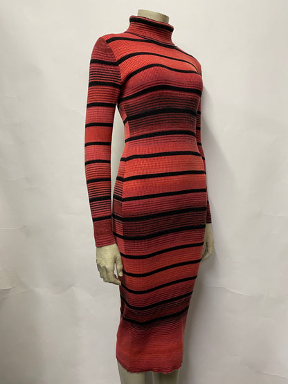 Karen Millen Red and Black Ribbed Turtleneck Wool Dress Medium