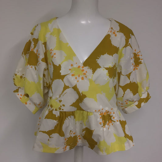 Vintage Horrockses Yellow & Cream Floral Peplum Style Top Size M (approx.)