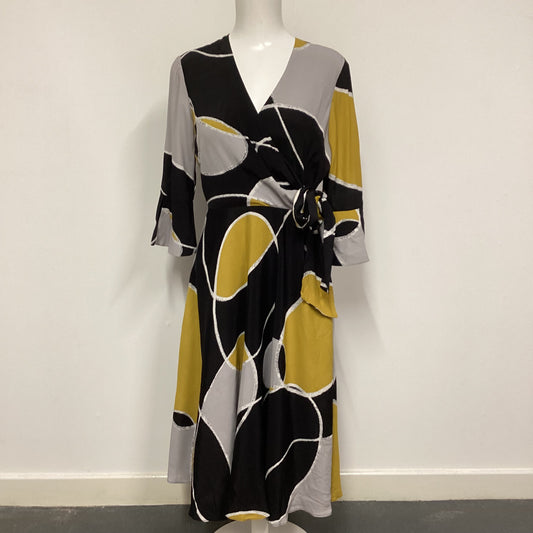 Hobbs Black Yellow Grey Wrap Dress Size 10