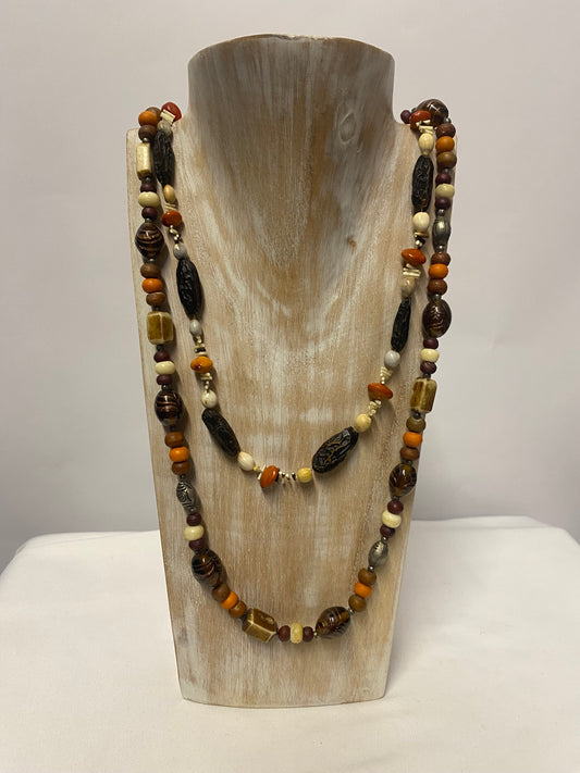Set of Two Brown and Orange Natural Wood and Glass Beaded Necklaces