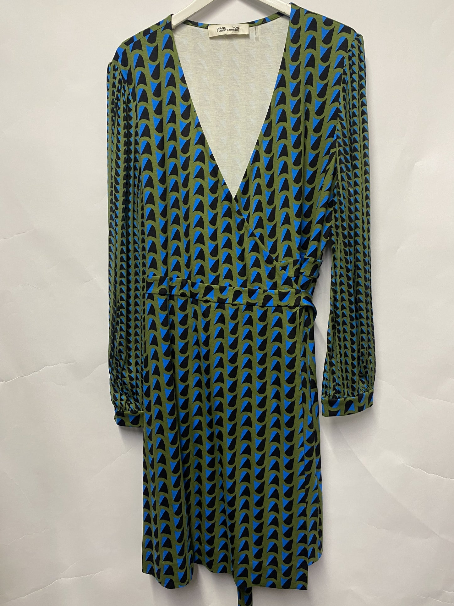 Diane Von Furstenberg Green and Blue Patterned Wrap Dress Large