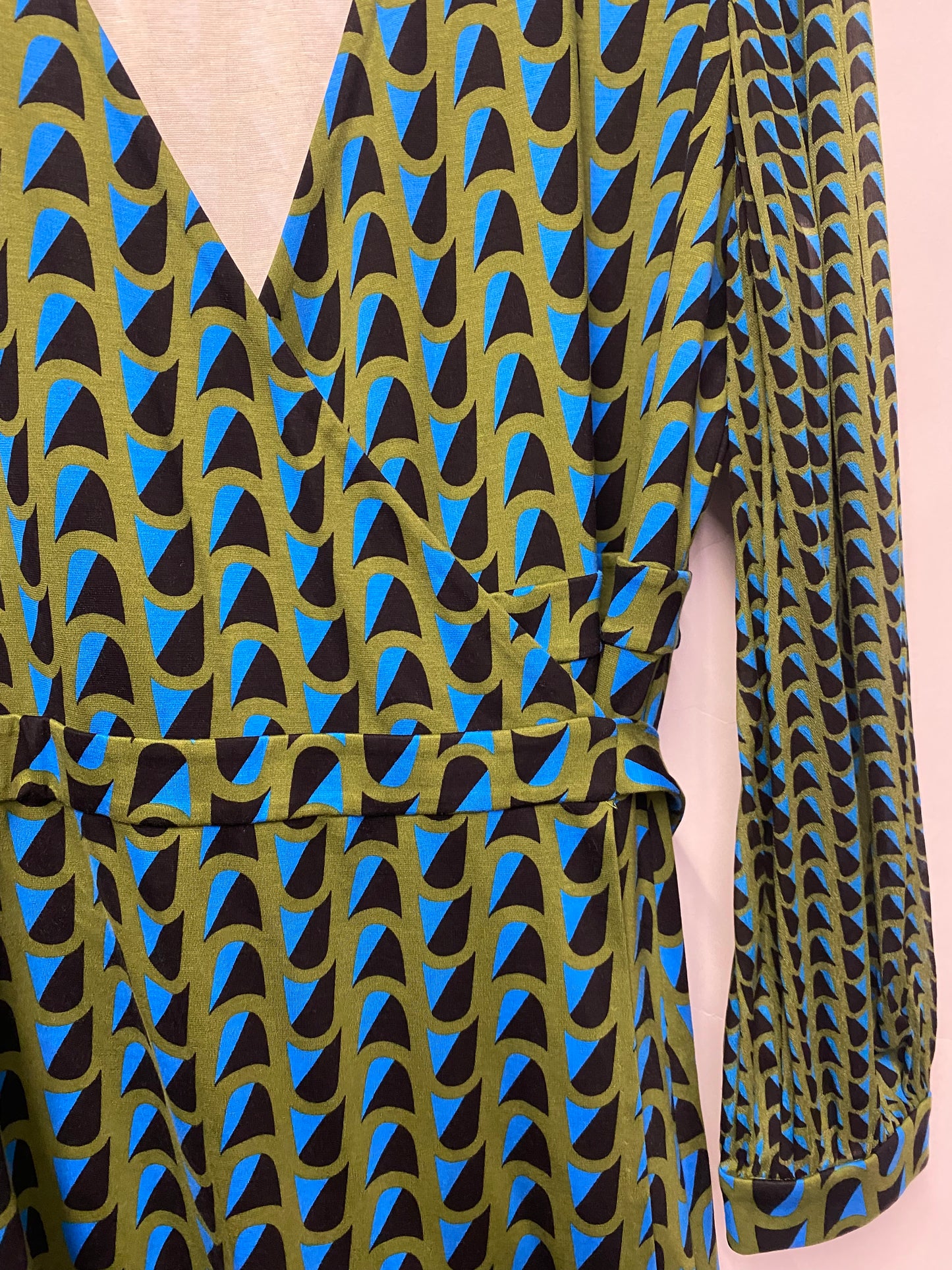 Diane Von Furstenberg Green and Blue Patterned Wrap Dress Large