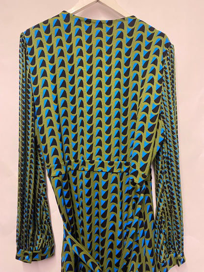 Diane Von Furstenberg Green and Blue Patterned Wrap Dress Large