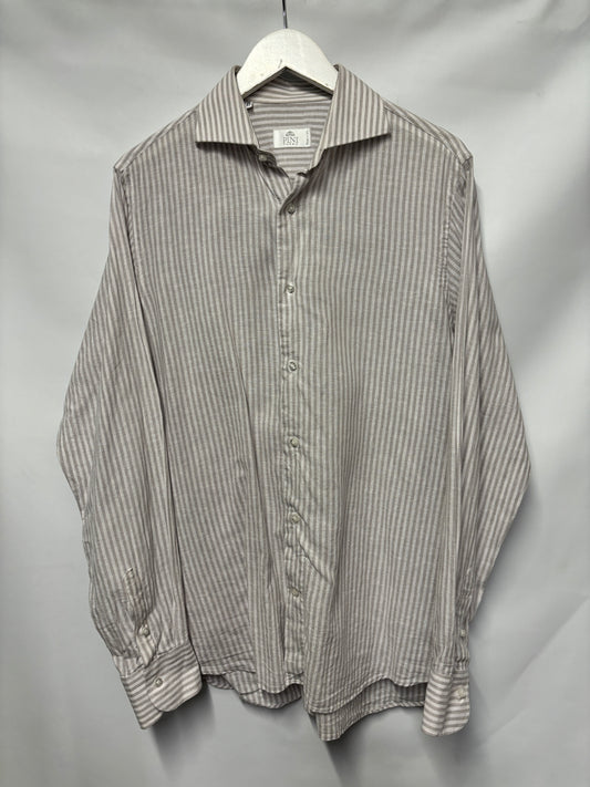 Pini Parma White and Grey Linen Cotton Striped Shirt Large