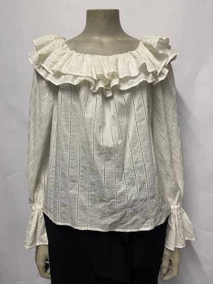 Merlette White Cotton Ruffle Long Sleeve Top XS