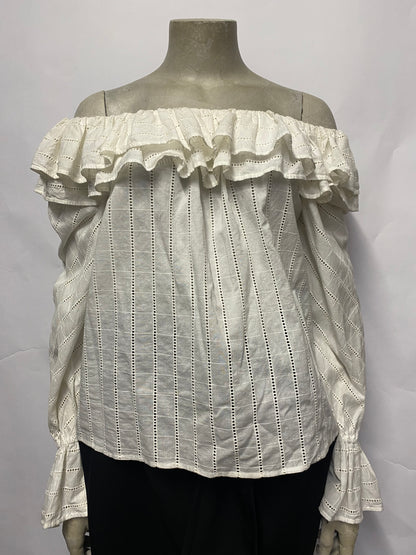 Merlette White Cotton Ruffle Long Sleeve Top XS