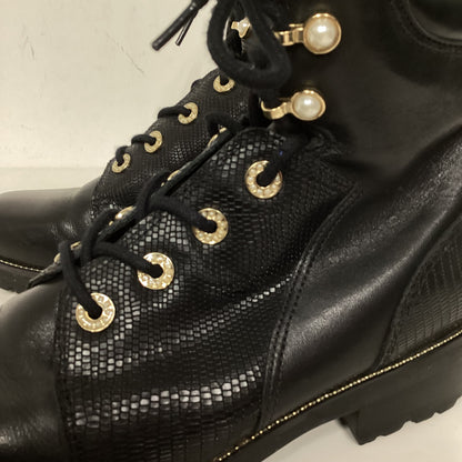 Dune PomPom Black Leather Ankle Boots W/ Gold Studs Size 5