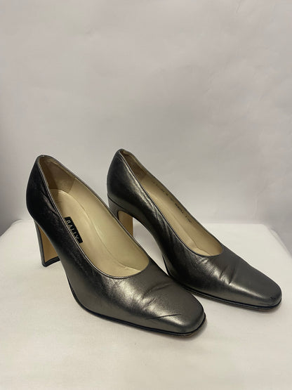 Bally Silver Leather Squared Toe Block Heel 3.5