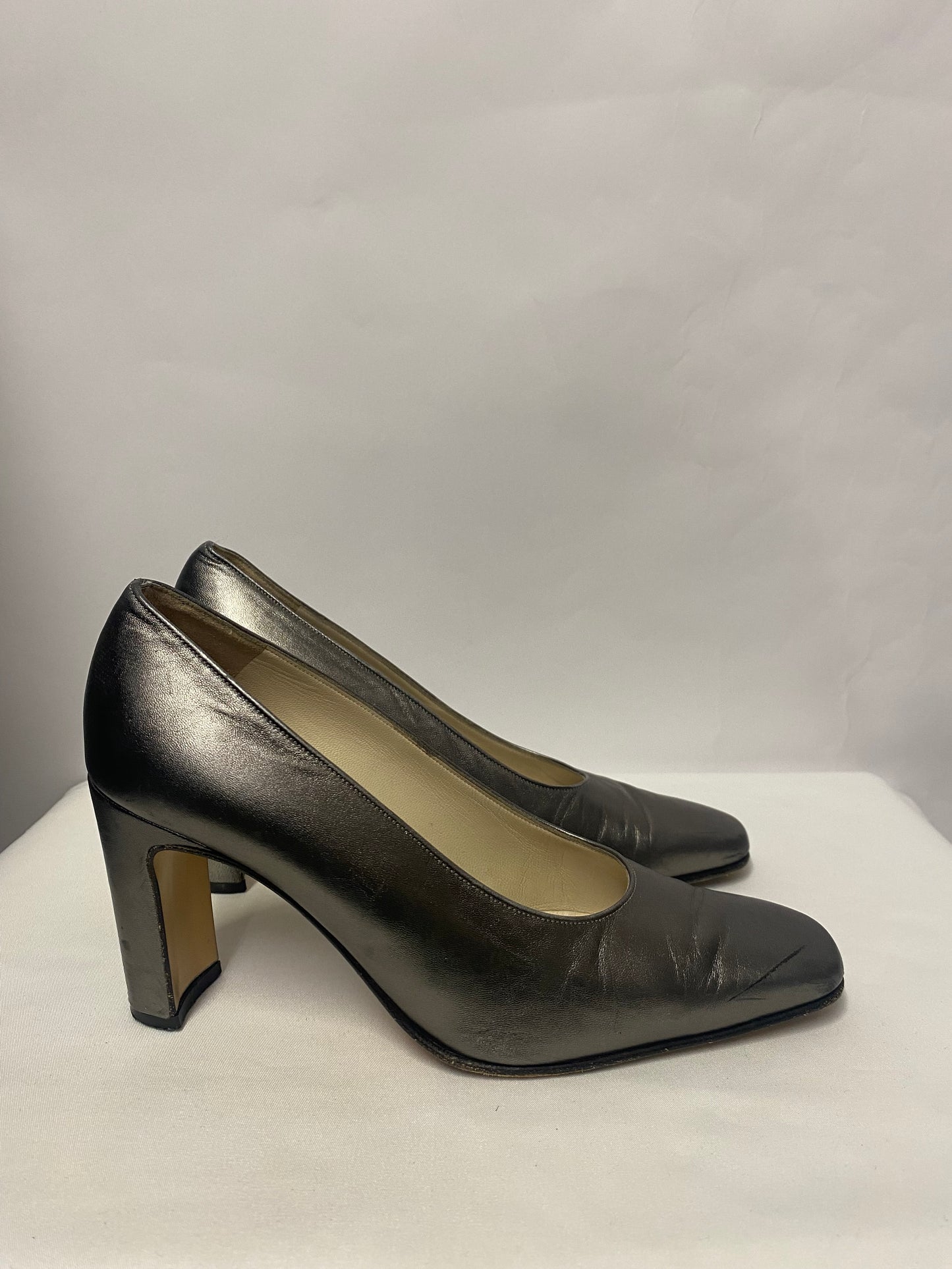 Bally Silver Leather Squared Toe Block Heel 3.5