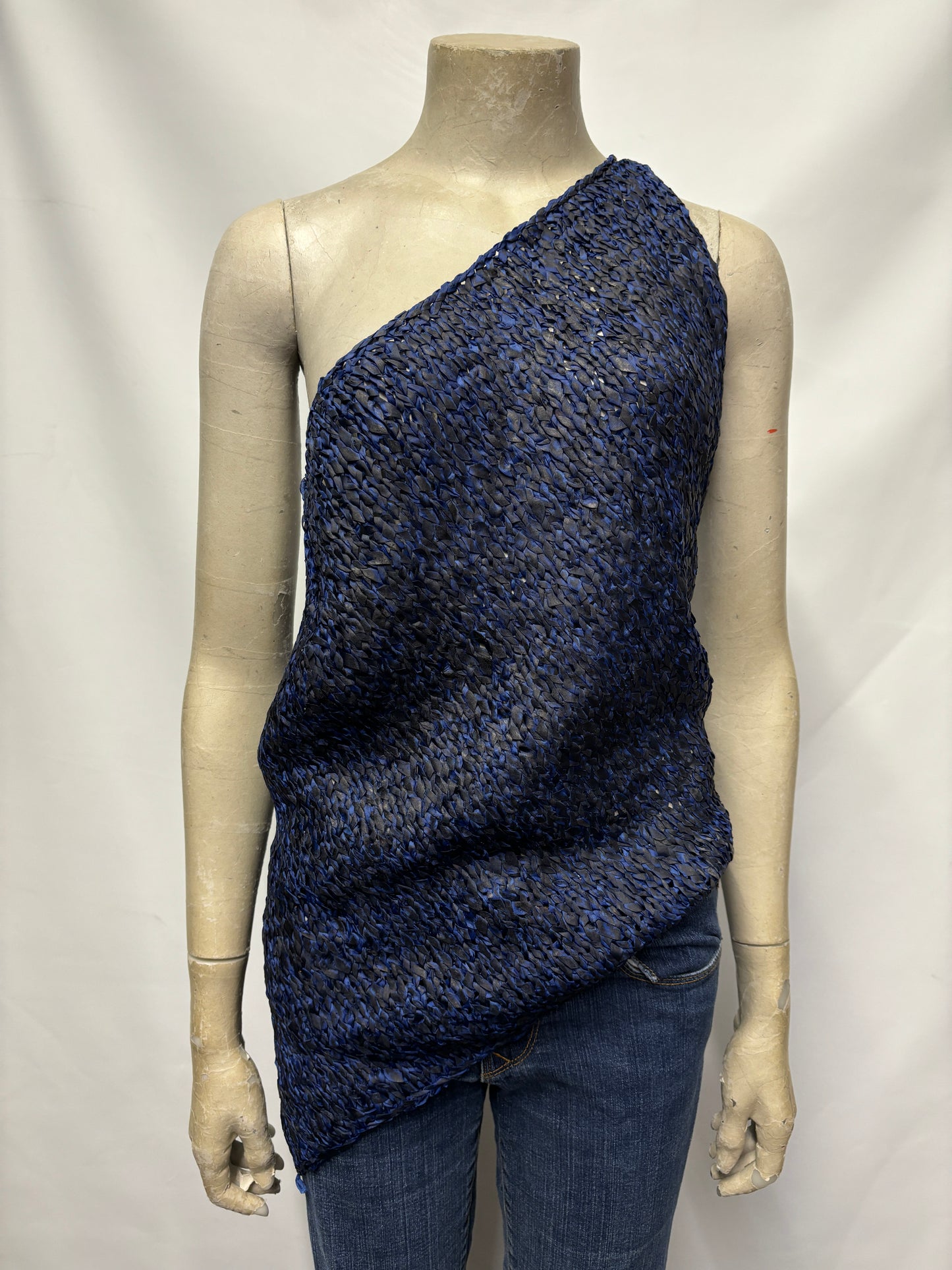 Donna and Karan Blue and Black Crochet Asymmetric Top Large