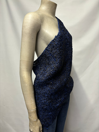 Donna and Karan Blue and Black Crochet Asymmetric Top Large