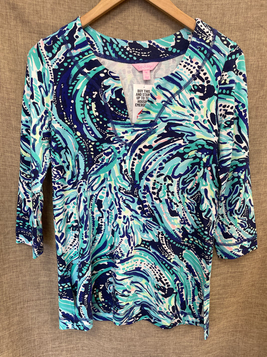 Lilly Pulitzer Blue Green Patterned Round Neck with V 3-4 Sleeve Activewear Top Extra Small
