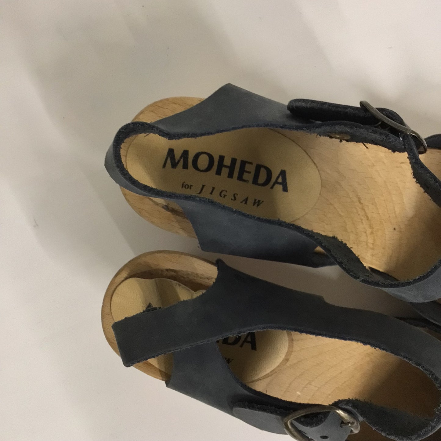 Moheda for Jigsaw Slate Blue/Grey Heeled Wooden Clog Sandals Size UK5 EU38