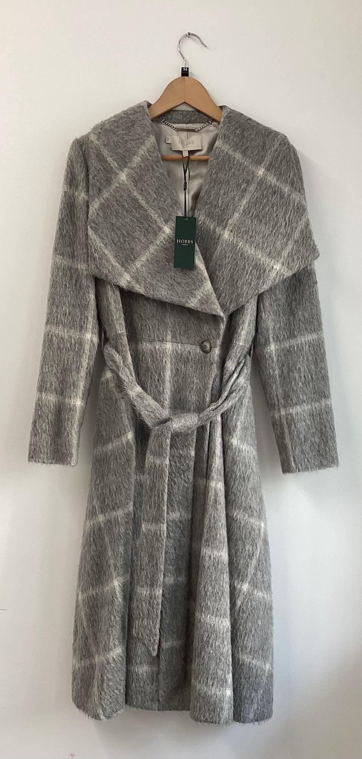 HOBBS London, Rosemary Check Coat, Gray and White, Long Winter Trench Coat, Size UK 14, BNWT