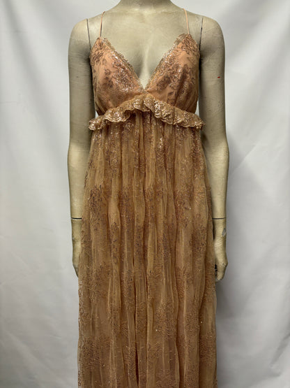 Marchesa Notte Gold Mesh Maxi Dress Small