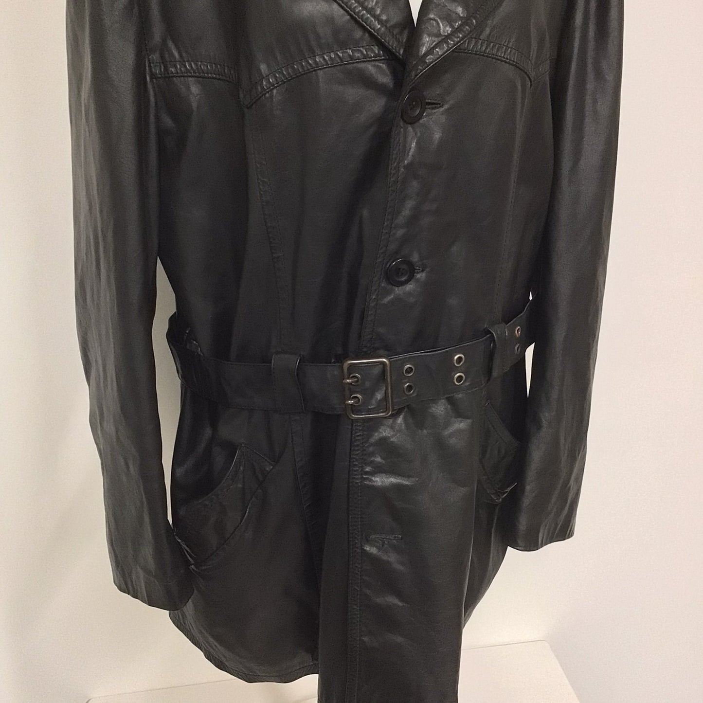 Vintage Finn Fant Black Belted Long Leather Jacket Size L (52 on label)