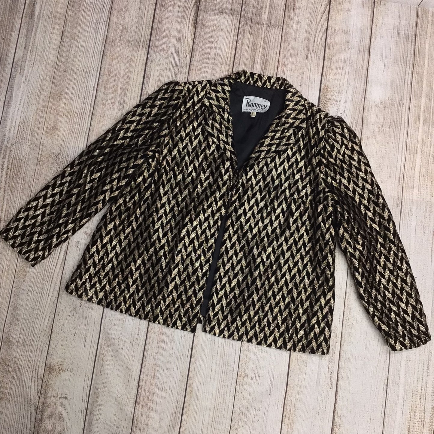 Vintage Romney Gold & Black Metallic Chevron Pattern Blazer Jacket Size 14